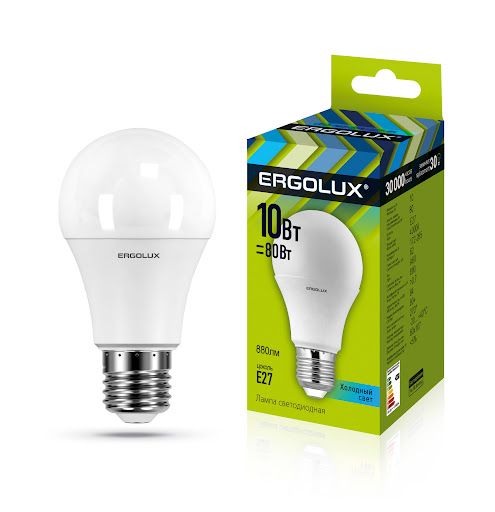 Ergolux ЛОН A60 E27 10W(880lm 270°) 4500K 4K матовая 110x60 пластик/алюм. LED-A60-10W-E27-4K